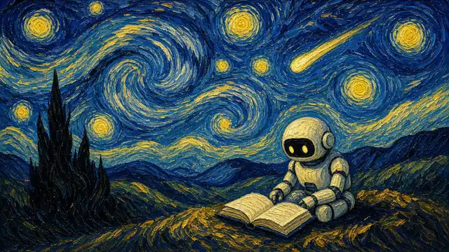 AI-generated image in the style of Vincent van Gogh: a small robot reading a ledger beneath a swirling night sky, one star shooting off course