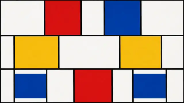 AI-generated image in the style of Piet Mondrian: seven balanced red, blue and yellow blocks in a black grid